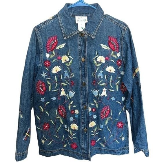 The Quacker Factory Embroidered Denim Jacket Floral & Butterfly Design Size M - Picture 1 of 14